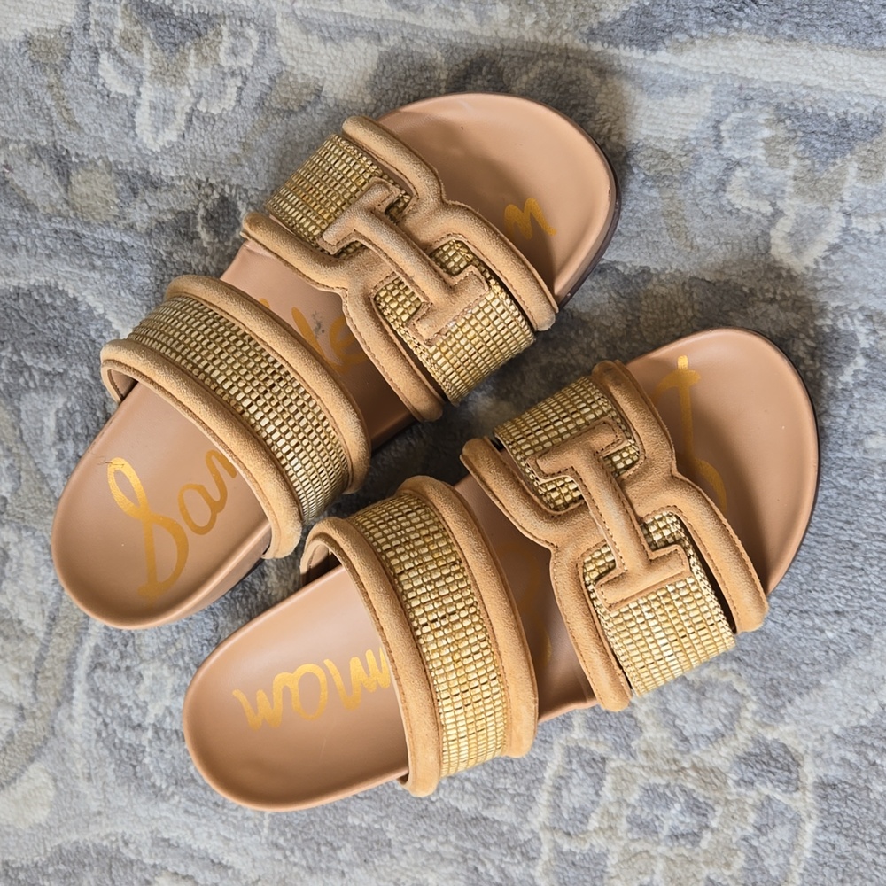 Sam Edelman Rowan Suede Double Banded Raffia Logo Slide Sandals Sand Dune Size 7